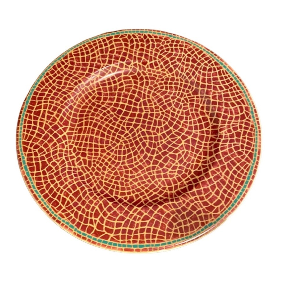 Pier 1 Mosaic Fruit large plate. Red with gold, green trim. 12.25” diameter.